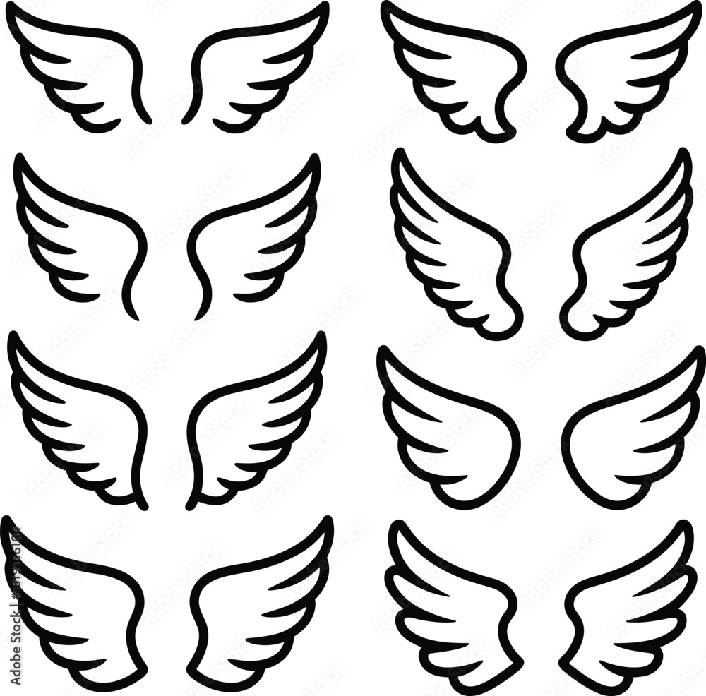 Obraz premium Collection of Black Outline Wings on White Background