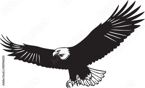 A majestic bald eagle soaring with outstretched wings, a powerful bird of prey captured in a bold black and white graphic illustration