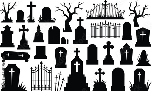 Halloween cemetery graveyard tombstone cross gate silhouette collection