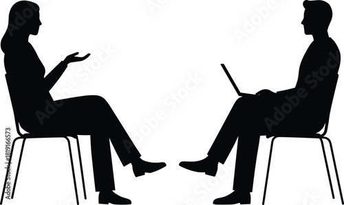 Two people silhouettes seated facing each other, business meeting or interview concept, abstract shadow figures, professional communication, discussion design illustration