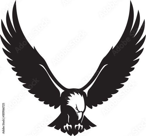 Majestic eagle with wings spread wide in a powerful swooping pose, symbolizing freedom and strength in a bold black and white graphic illustration