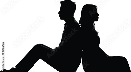 Two people silhouettes sitting back to back, abstract shadow figures, contemplation separation concept, lifestyle posture reference, artistic design illustration