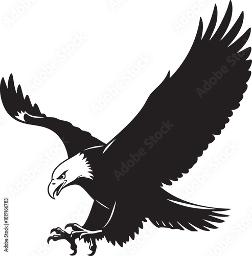 Striking black and white illustration of a magnificent predatory bird in a powerful flight pose, wings fully extended and talons ready, representing freedom, strength, and a fierce spirit