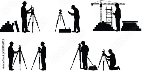 Land surveyors using theodolite and measuring equipment at construction site, engineering measurement, topographic mapping, architecture planning, and civil engineering development process concept