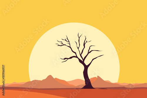 Minimalist desert landscape with a lone tree silhouette against a giant sun and warm mountains. Peaceful sunset scenery symbolizing solitude, nature, and calm atmosphere.