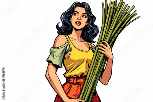 Woman holding bundle of sugarcane sticks, vibrant and fresh atmosphere in agriculture