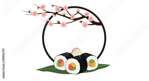 Sushi rolls and cherry blossoms inside a black circle frame on a white background.