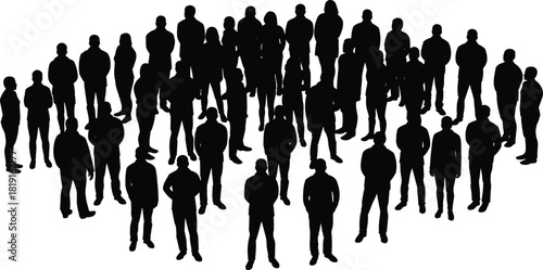 Large diverse group of people standing together, community unity concept, teamwork, crowd silhouette, social gathering, cooperation and collective human connection.