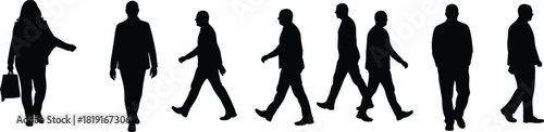 Walking people silhouettes, men and women in motion with handbag, human gait sequence, abstract shadow figures, posture reference illustration set