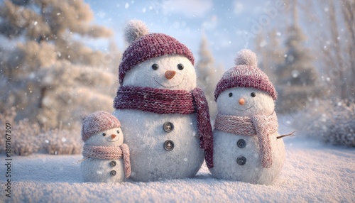 Adorable family of snow figures stands together in a bright winter landscape