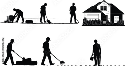 Landscaping workers maintaining residential yard using gardening tools, cleaning pathway, lawn care and outdoor home improvement service in neighborhood environment