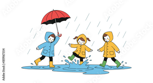 Children in raincoats happily splashing in puddles under an umbrella.