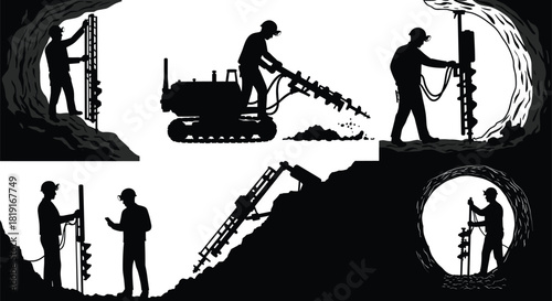 Mining and construction workers operating drilling machinery in underground and hillside environments, excavation teamwork ensuring safe geological exploration and rock penetration operations
