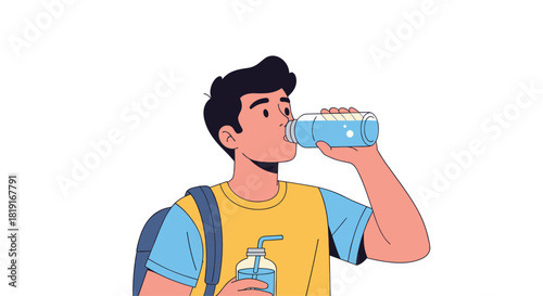 Young man with dark hair wearing a yellow and blue t-shirt and backpack drinks water from a bottle.