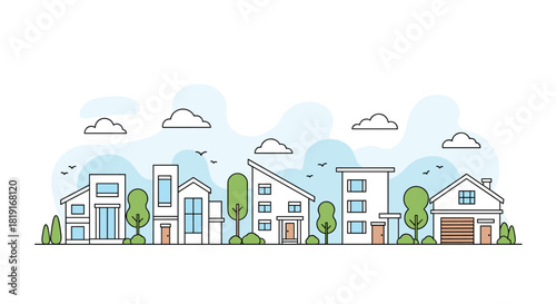 Flat design illustration of a row of modern houses with trees and clouds in the background.