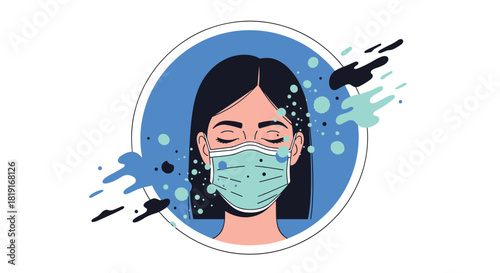 Illustration of a woman wearing a medical mask to protect from airborne particles and disease.