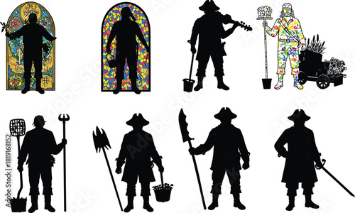 Medieval worker and guard silhouette illustration set, historical occupation concept, vintage vector art, stained glass and traditional costume design