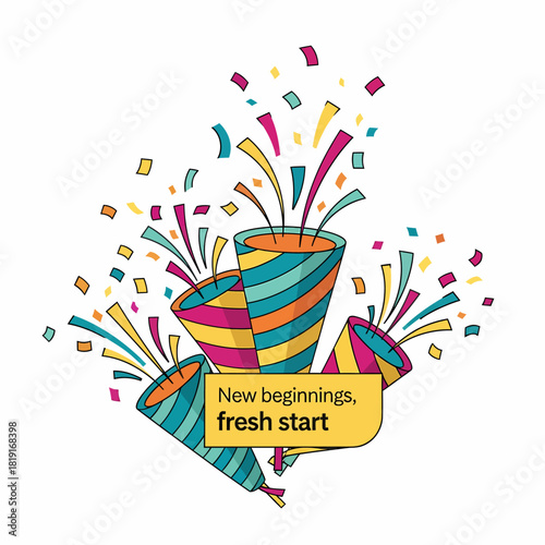 An illustration of three colorful party poppers exploding with confetti, celebrating new beginnings and a fresh start.