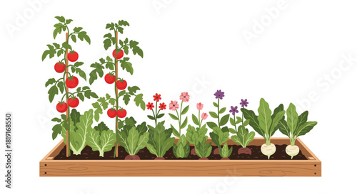 A colorful raised garden bed filled with various vegetables and flowers, including tomatoes, lettuce, and turnips.