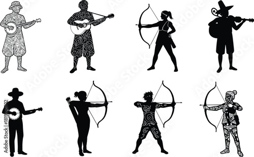 Musician and archer silhouette illustration set, artistic vector design, creative performance and sport concept, black and white patterned artwork