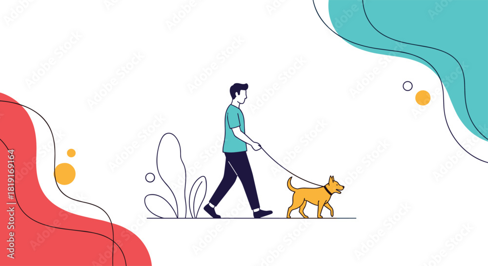 Fototapeta premium A person walks their dog on a leash in a minimalist illustration with abstract shapes.