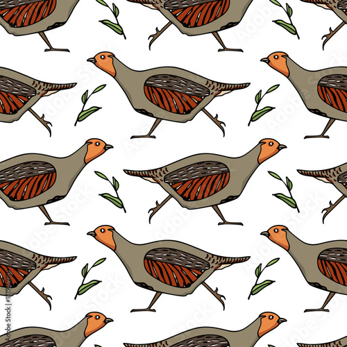 Vector seamless pattern with hand drawn cute hasting Grey Partridges. Beautiful illustration, ink drawing. Perfect for prints and patterns