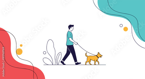 A person walks their dog on a leash in a minimalist illustration with abstract shapes.