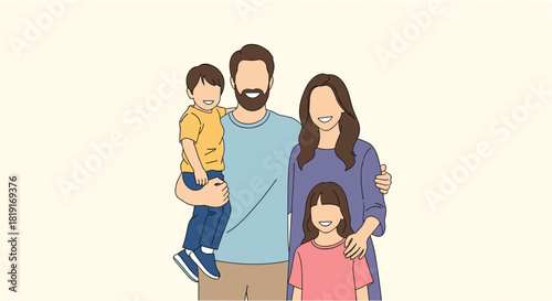 A happy family of four poses together in a simple, modern illustration style.