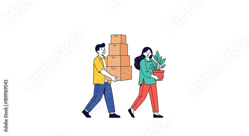 A man and a woman are carrying boxes and a potted plant, suggesting a move or relocation.