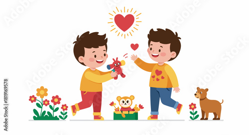 Two happy boys sharing a toy, surrounded by hearts, flowers, and a dog, symbolizing friendship, kindness, and childhood joy in a vibrant illustration.