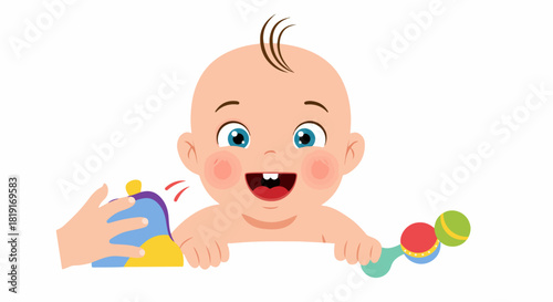 Adorable infant illustration peeking over a surface, smiling cheerfully while playing with colorful bell and rattle toys, depicting joy and early childhood.