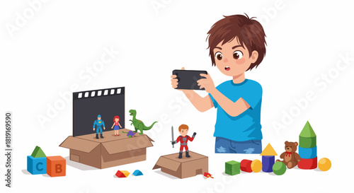 Boy filming stop motion animation with toys on a smartphone, showing imaginative play and creativity with cardboard boxes and various playthings.