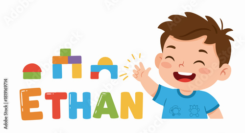 Happy cartoon boy Ethan smiling and waving with colorful building blocks spelling his name, perfect for early education and child-friendly designs.