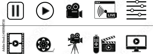 Video and Media Production Vector Icon Set, featuring Play, Pause, Live Stream, Camera, Clapperboard, and Settings for Film and Entertainment.