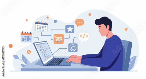Developer working on laptop, managing diverse digital tasks including coding, e-commerce, scheduling, and communication for online business success.