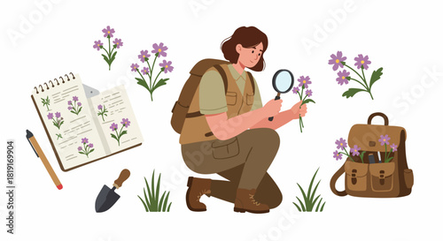 A dedicated female botanist meticulously studies vibrant purple flowers with a magnifying glass, recording her observations in a field notebook amidst natural surroundings and exploration gear.