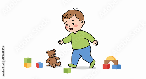 Cute cartoon toddler boy takes his first steps surrounded by a teddy bear and colorful building blocks, symbolizing early childhood development and playful learning.
