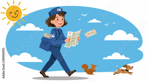 Smiling postwoman delivering mail on a sunny day with a map, accompanied by a playful dog and curious squirrel. Efficient postal service illustration.