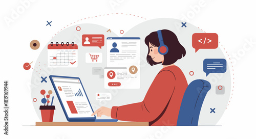 Young woman with headphones working on laptop, managing online tasks like customer support, e-commerce, scheduling, and coding. Modern digital business and remote work illustration.