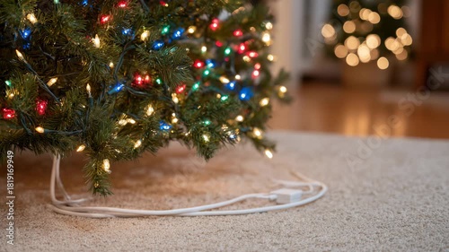 269Holiday living room scene with Christmas tree, tangled colorful lights plugged into single extension cord, carpeted floor, subtle sparks hinting at potential fire hazard