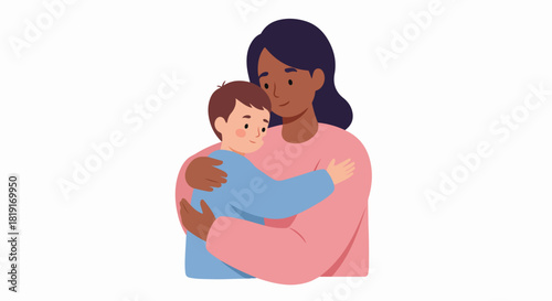 A loving mother with dark skin embracing her child with light skin, symbolizing warmth, care, and a strong family bond in a tender illustration.
