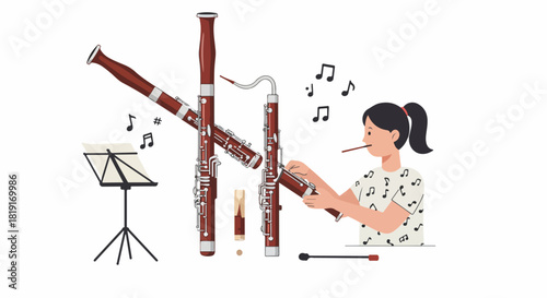Young musician assembling a bassoon, surrounded by musical notes and a music stand, ready for practice or performance.