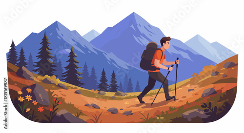 Man hiking with trekking poles and backpack on a mountain trail amidst colorful autumn foliage and majestic blue peaks, showcasing outdoor adventure.