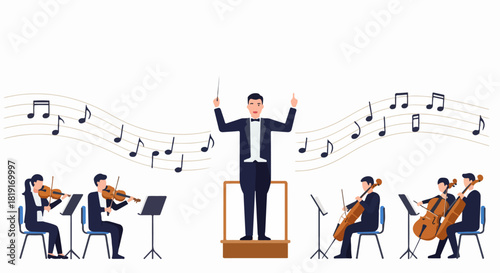 Flat design illustration of an orchestra performing, with a conductor leading violinists and cellists, surrounded by musical notes and staff.