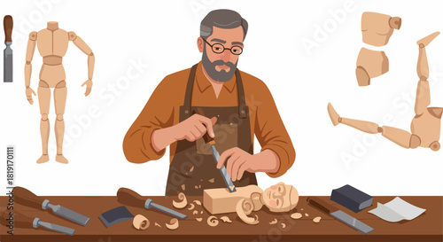 Skilled craftsman carving a wooden artist's mannequin, surrounded by tools and disassembled parts, illustrating the intricate art of woodworking and figure creation.