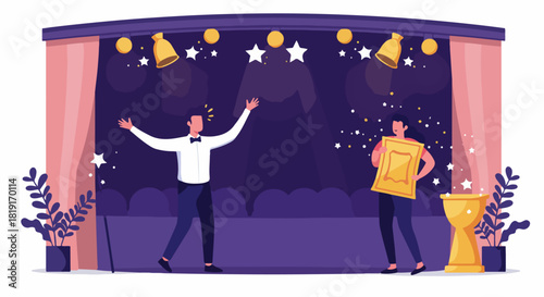 Male host and female presenter on stage with golden trophy and frame under spotlights and stars, celebrating achievement at an awards show or talent competition.