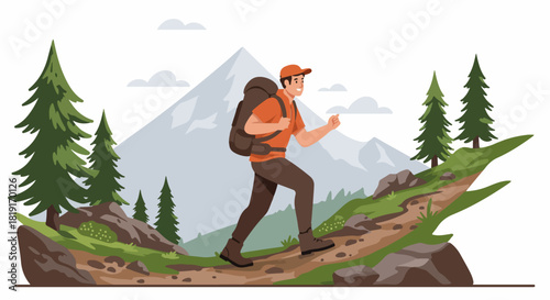 Smiling male hiker with a backpack ascends a mountain trail amidst pine trees and majestic peaks, embodying outdoor adventure and healthy living.