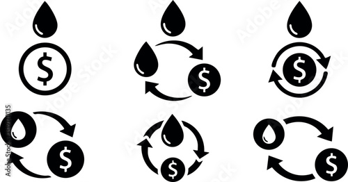 Oil drop dollar coin recycling cycle vector icons black silhouette set simple design