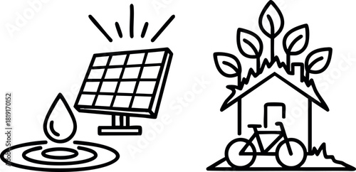 Solar panel water drop eco friendly house with plant and bicycle vector illustration