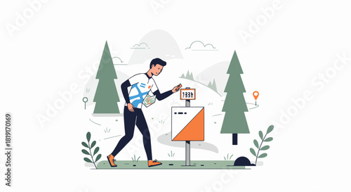 A man participating in an orienteering race, checking a control point with a map in a natural forest setting, pursuing adventure and navigation.